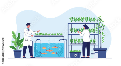 Two scientists in lab coats working together on a modern aquaponics system with fish and plants for sustainable agriculture.