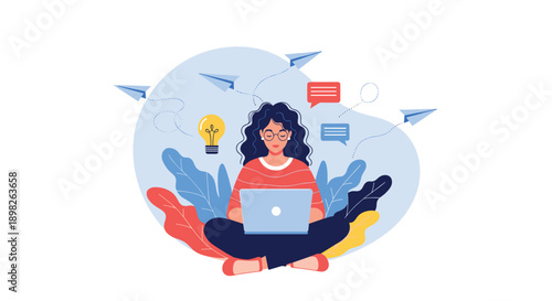 Young woman working on a laptop with creative ideas and messages flying around representing communication and online business.