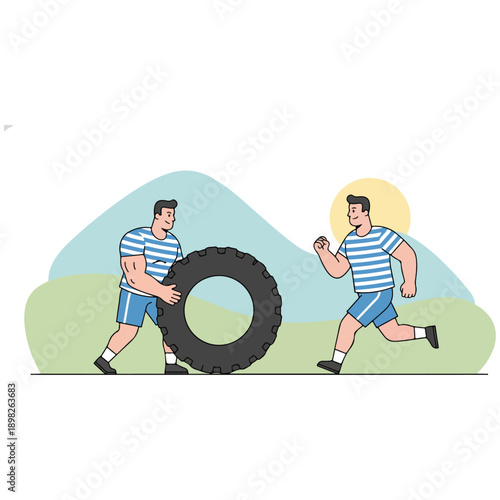 Two men exercising with a tire.