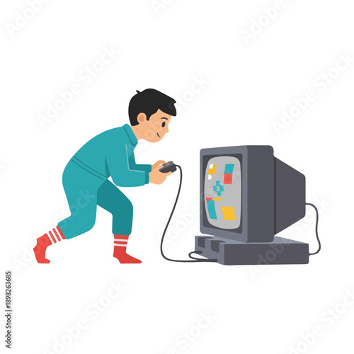 Young boy playing retro video game on vintage computer.