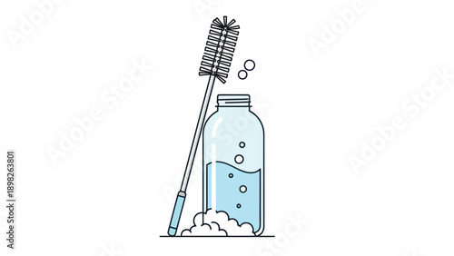 A longhandled bottle brush is positioned beside a transparent water bottle containing sudsy water and bubbles, representing thorough cleaning and hygiene for reusable beverage containers.