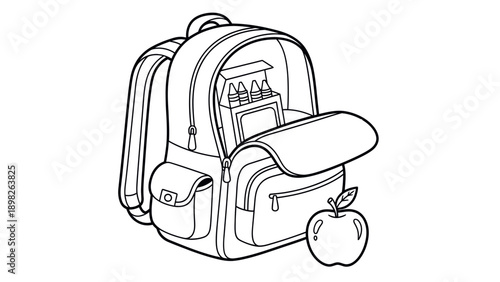 Line drawing of an open school backpack containing a box of crayons and other supplies, with a fresh apple nearby, perfect for educational materials, childrens coloring books, or back to