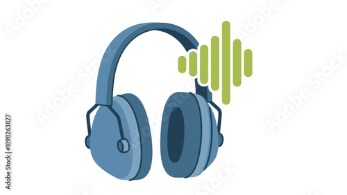 Blue overear headphones accompanied by a vibrant green sound wave graphic, ideal for conveying audio streaming, listening, or podcasting concepts in digital media applications and music