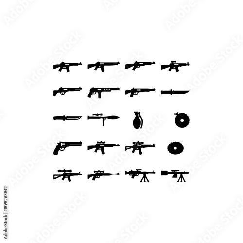 Collection of various firearms and ammunition.