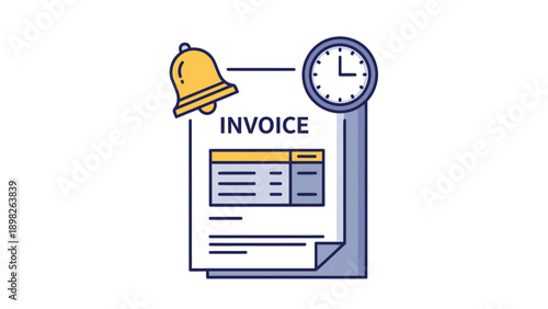 Financial invoice document accompanied by a notification bell and a clock, symbolizing payment deadlines and billing reminders for business accounting and services