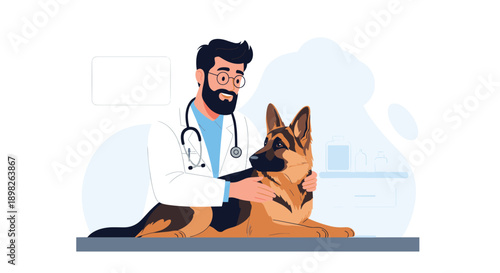 Caring male veterinarian with a stethoscope gently examines a calm German Shepherd dog in a modern veterinary clinic setting.