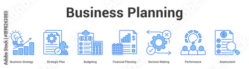 Business Planning web banner icon set vector illustration concept for business with icon of Business Strategy, Strategic Plan, Budgeting, Financial Planning, Decision Maki.