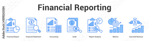 Financial Reporting web banner icon set vector illustration concept for business with icon of Financial Report, Financial Statement, Accounting, Audit, Report Analysis, Metrics, C.