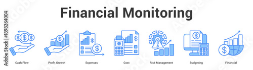 Financial Monitoring web banner icon set vector illustration concept for business with icon of Cash Flow, Profit Growth, Expenses, Cost, Risk Manageme.