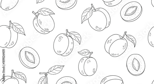 Hand-drawn whole and sliced plums with leaves create a delicate and minimalist seamless line art pattern on a white background.