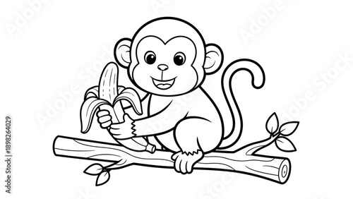 A happy monkey perched on a sturdy tree branch, joyfully holding and peeling a banana, ideal for kids activity books, nature education, or playful animal themed designs.