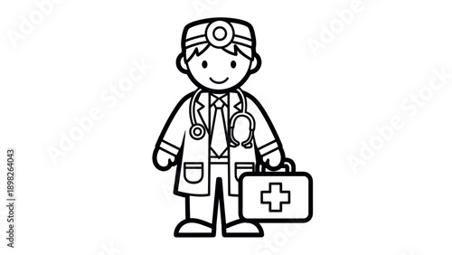 Friendly medical doctor character equipped with a stethoscope and a first aid kit, perfect for healthcare awareness campaigns and educational content
