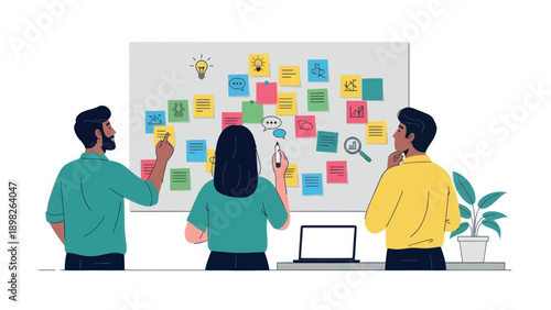 Indian men and a woman collaborating on a whiteboard brainstorming session with sticky notes and business icons to develop new ideas and strategies for corporate project management and