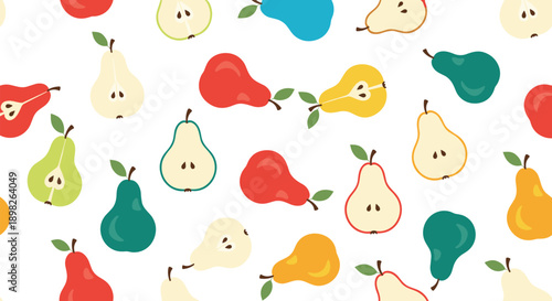 Colorful whole and half-sliced pears in red yellow green and blue create a playful and fruity seamless pattern background.