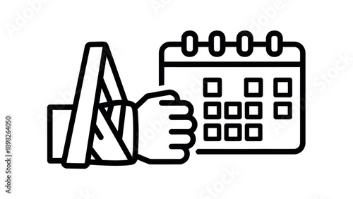 Medical icon representing injury recovery time with a bandaged arm and a calendar, ideal for healthcare advertisements and patient information.