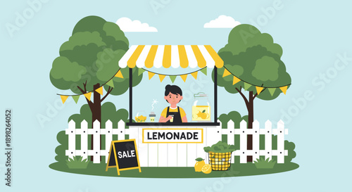 Young boy entrepreneur cheerfully sells fresh homemade lemonade at a decorated stand in a sunny park during the summer season.
