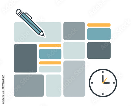 Organized layout with various colored blocks a writing pencil and a clock symbolizing planning productivity and efficient time management suitable for business presentations educational