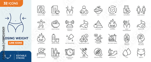 Losing Weight icon set. Contain icons related to Diet, weight loss, nutrition, and more. Editable stroke. Vector illustration