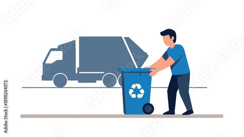 Individual actively participating in recycling by placing refuse into a designated blue bin, with a solid waste management truck visible, perfect for illustrating ecofriendly habits and