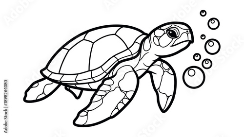 Outline of an ocean sea turtle swimming gracefully underwater with numerous air bubbles, ideal for educational content, nature conservation campaigns, or coloring activity pages.