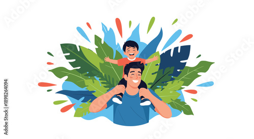 Joyful father carries his laughing son on his shoulders surrounded by colorful tropical leaves and abstract paint splashes background.