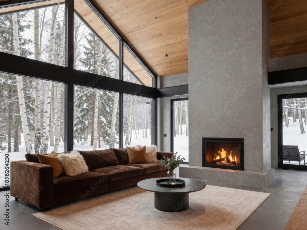 Fototapeta premium Modern Living Room Interior with Fireplace, Large Windows, and Snowy Forest View in Winter