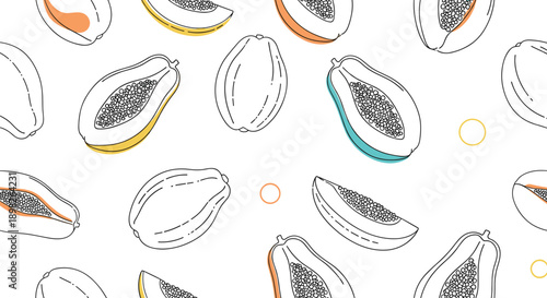 Minimalist seamless pattern of hand-drawn whole and sliced papaya fruit with abstract color spots on a clean white background.