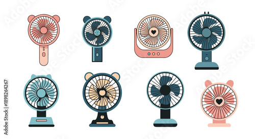 Collection of cute and colorful modern portable electric fans including handheld and desktop models for personal cooling relief.