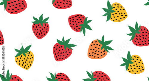 Simple and sweet seamless pattern of stylized red and yellow strawberries with green leaves scattered on a clean white background.