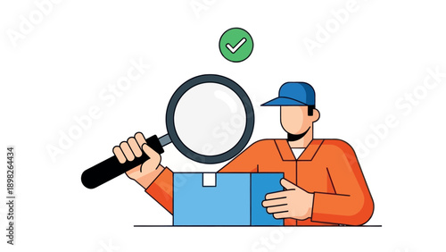 A professional delivery person or inspector carefully reviews a blue package with a magnifying glass, representing precise quality assurance, diligent order fulfillment, and confirmed