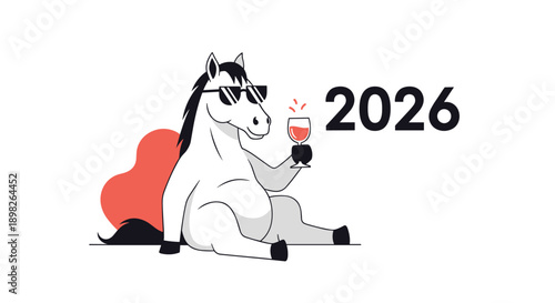 Cool cartoon horse character wearing sunglasses relaxes with a glass of red wine to celebrate the Chinese New Year year of the horse 2026.
