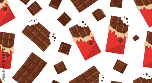 Delicious milk chocolate bars and broken squares create a sweet and tempting seamless pattern on a clean white background.