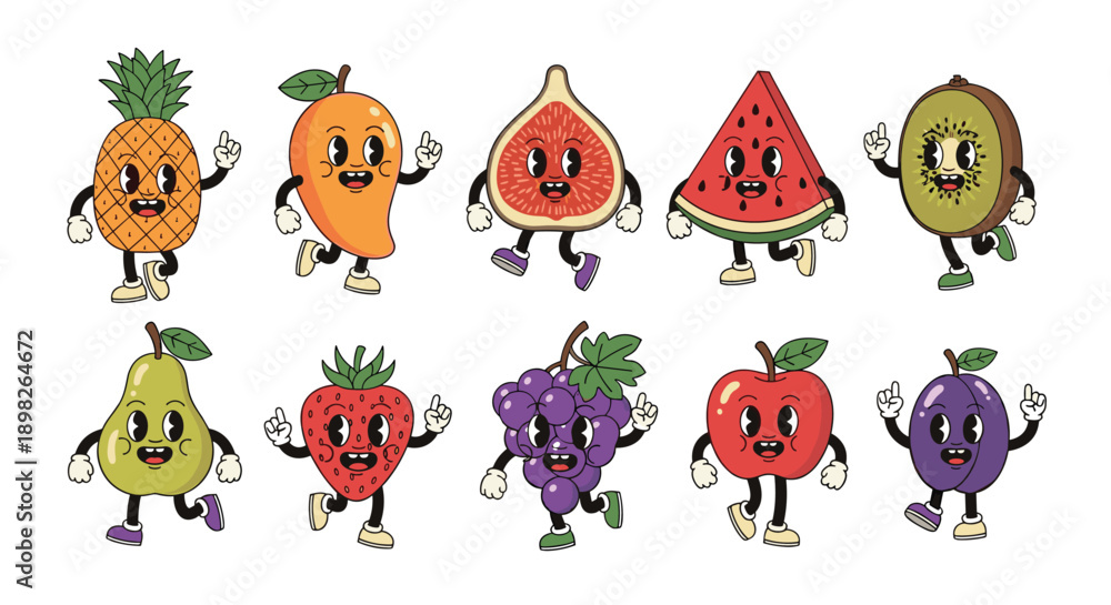 Fototapeta premium Groovy collection of various retro fruit characters in a vintage 1930s cartoon style with smiling faces and walking legs.