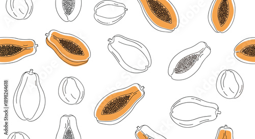 Hand-drawn whole and half papaya fruits with orange accents create a minimalist and tropical seamless line art pattern.