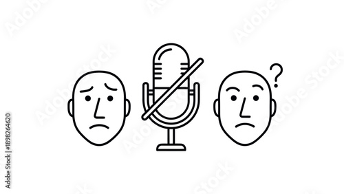 A graphic representation of communication problems with a muted microphone between two expressive faces, one sad and one confused, ideal for depicting virtual meeting issues or silence.