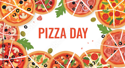Pizza Day promotional banner features a delicious frame of assorted pizzas and toppings celebrating the popular italian food.