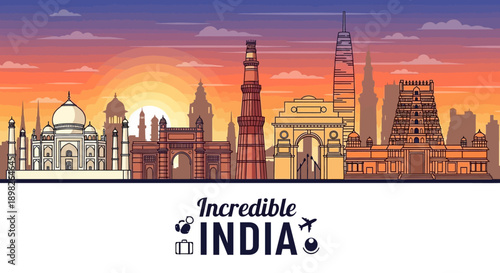 Incredible India Text with Indian Landmarks Illustration.