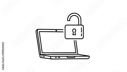 Simple line icon depicting an open padlock next to a laptop, symbolizing unlocked digital security or free access to computer data for various cybersecurity and privacy related applications