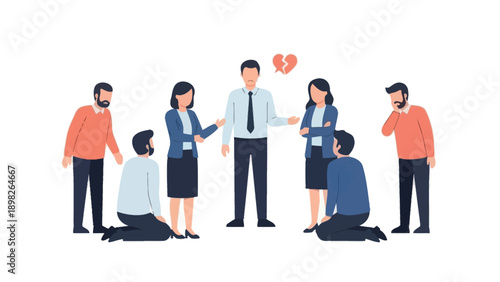 Group of people gathered around a distressed man with a broken heart symbol representing relationship problems and emotional pain perfect for conveying themes of breakup, divorce, or family