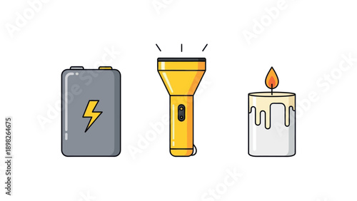 Basic light and power sources including a battery pack, a bright yellow flashlight, and a lit candle, useful for emergency kits, camping, or power outage scenarios.