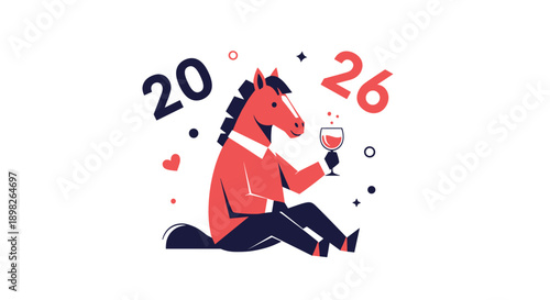 Modern graphic illustration of a red horse character holding a wine glass to celebrate the Chinese New Year year of the horse 2026.