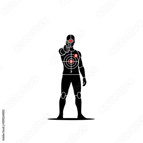 Silhouette of a person aiming a gun with a target overlay.