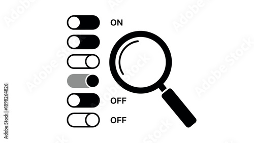 User interface graphic showing multiple toggle switches in active ON and inactive OFF states combined with a magnifying glass symbol, suitable for demonstrating digital settings, search