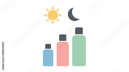 Daily skincare routine concept showcasing three colorful cosmetic product bottles with sun and moon symbols for illustrating beauty regimens and product usage