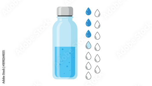 A clear water bottle filled with refreshing blue water beside a row of water drop icons indicating daily hydration goals and intake progress for wellness apps and fitness content.