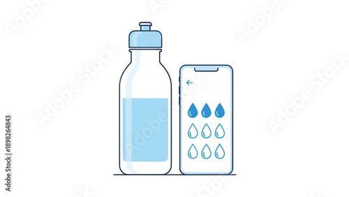 Water bottle with a smartphone displaying a hydration tracking application visualizes daily water intake for health and wellness promotions
