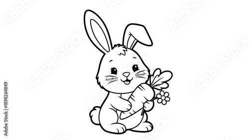 Adorable outline drawing of a happy bunny holding a fresh carrot and a small flower, perfect for childrens coloring activities, educational materials, or springtime decorations.