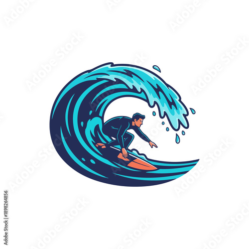 Surfer riding a powerful ocean wave, dynamic illustration.