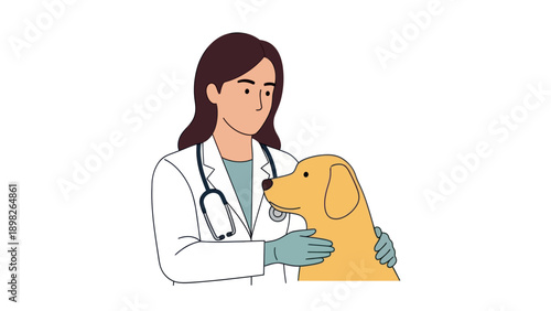 Professional female veterinarian carefully examining a friendly golden retriever dog symbolizing dedicated animal healthcare and compassionate pet medical treatment