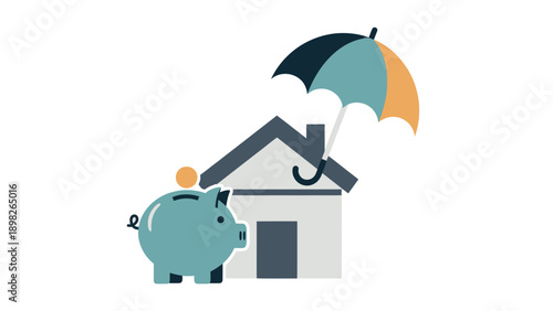 Financial planning for home ownership with a piggy bank and a protective umbrella over a house, symbolizing savings, insurance, and secure investment for real estate protection.